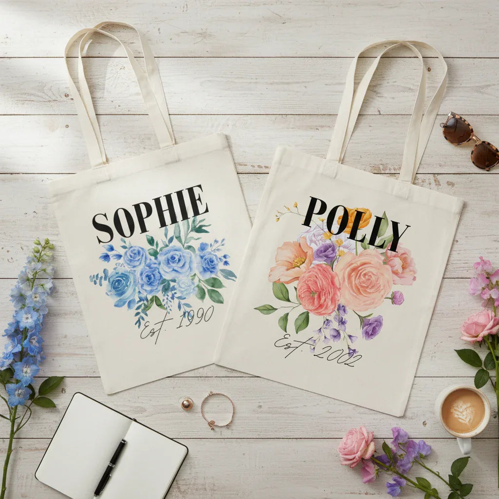 Personalised Floral Tote Bag | Custom Name, Text & Date | Choose Rose Colours | Eco Gift - Alley Crafters