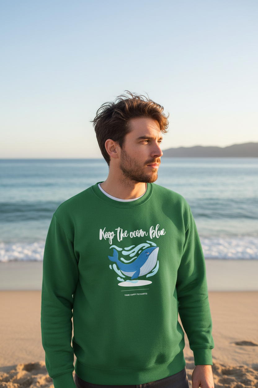 Green crewneck sweatshirt with 'Keep the ocean blue' whale graphic