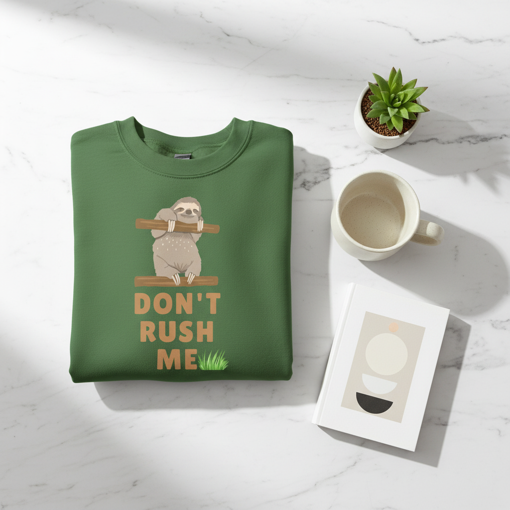 Green sloth graphic sweatshirt with “DON’T RUSH ME” text and sloth illustration