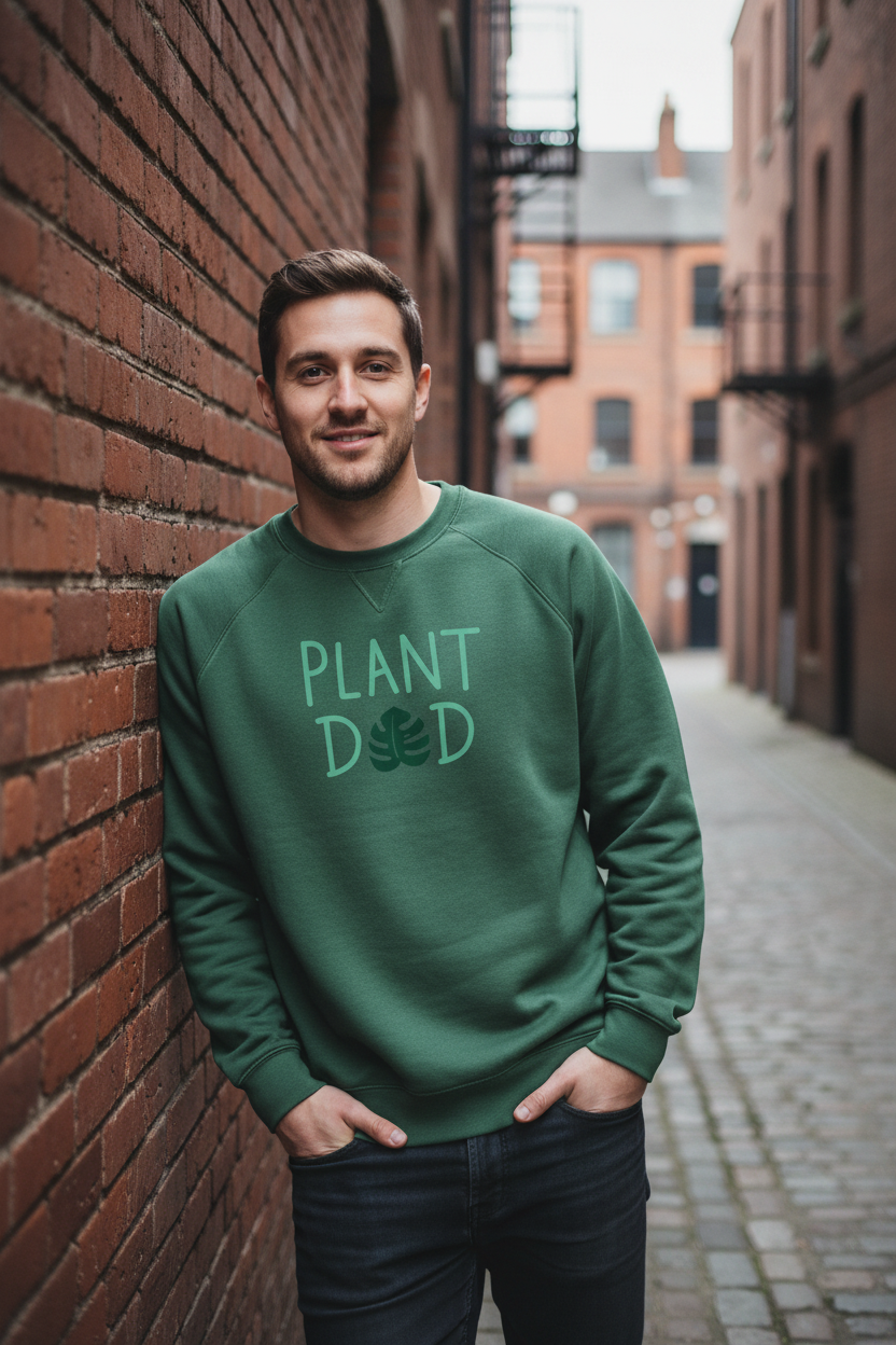 Bottle green crewneck sweatshirt with 'PLANT' text and plant icon chest graphic