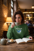 Green sweatshirt with 'Keep the ocean blue' whale graphic, crewneck long sleeve