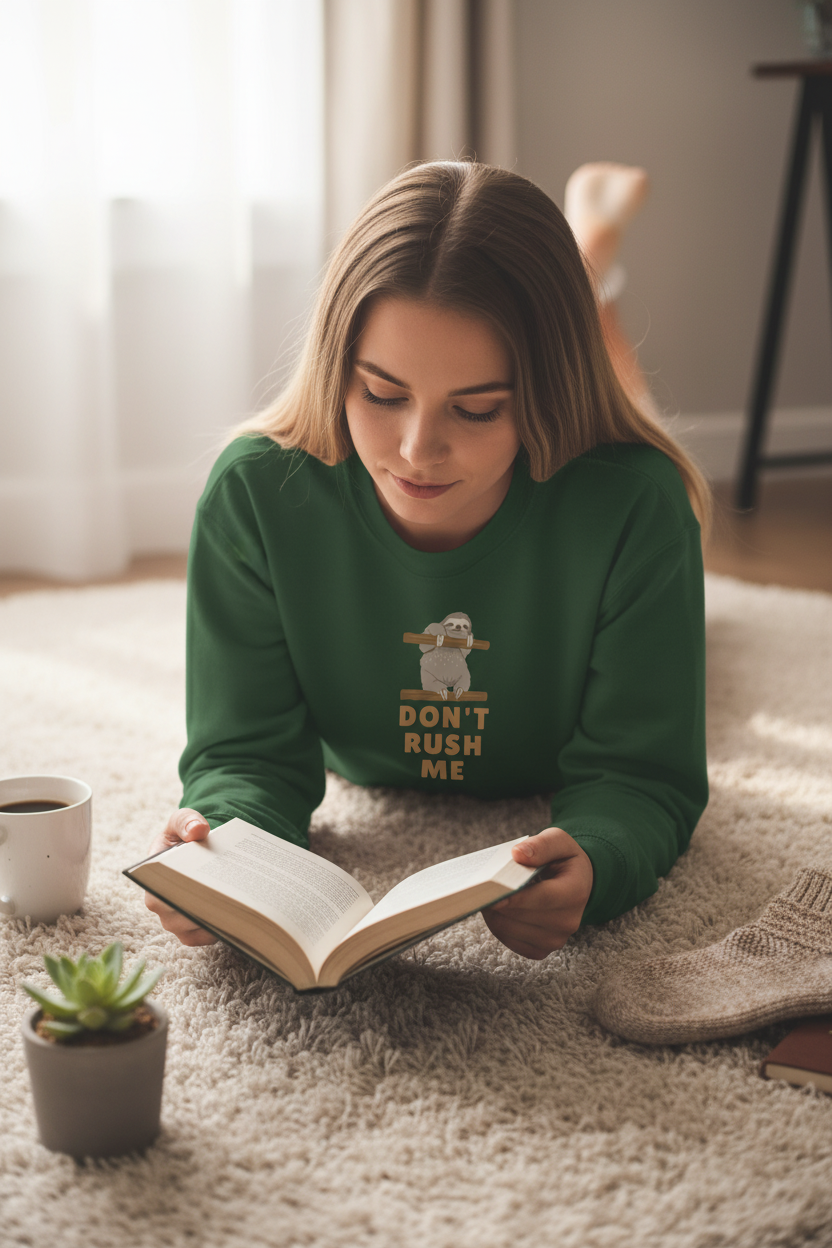 Green sloth graphic sweatshirt with “Don't Rush Me” chest print