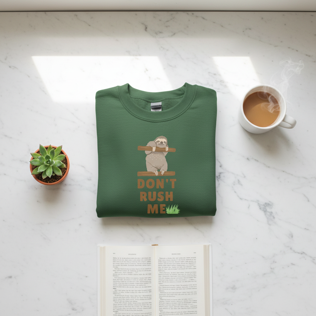 Green sloth graphic sweatshirt with “DON’T RUSH ME” text and green grass
