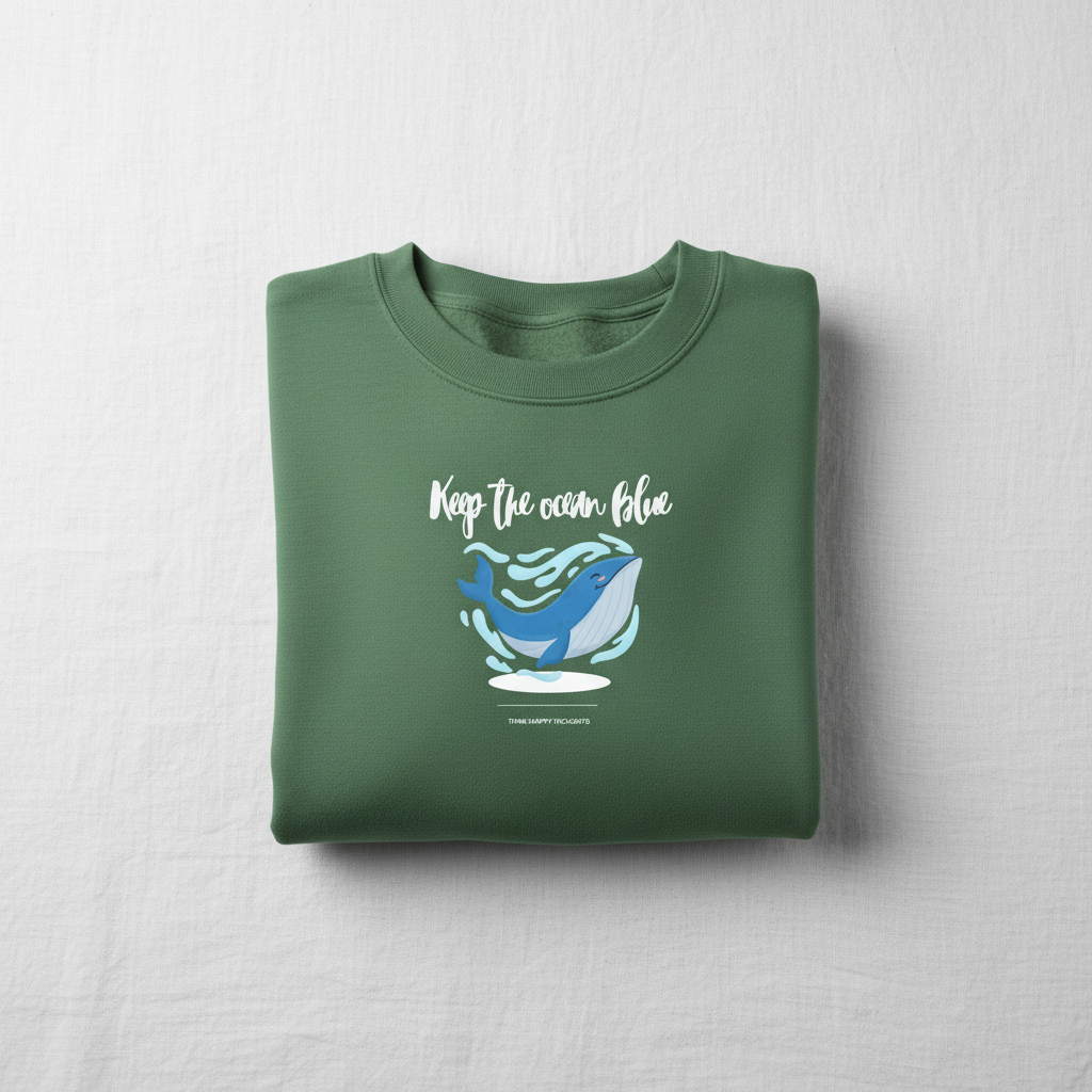 Green sweatshirt with 'Keep the ocean blue' whale graphic, crewneck long sleeves