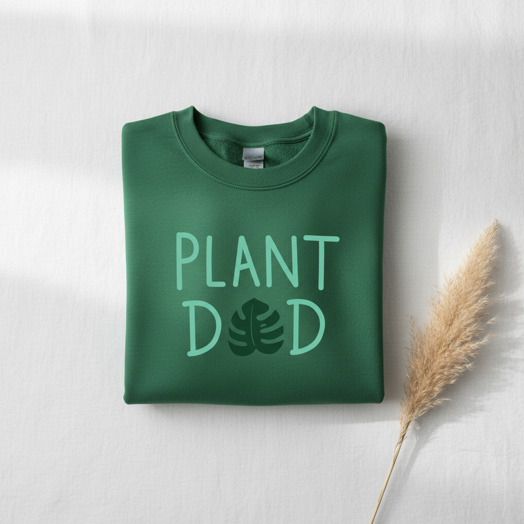Green crewneck sweatshirt with “PLANT DED” plant graphic on front