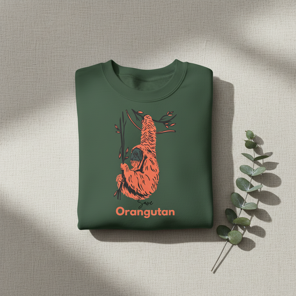 Dark green sweatshirt with front orange orangutan graphic and red 'Orangutan' text