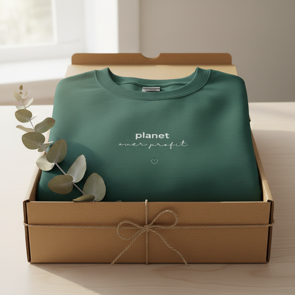 Bottle green crewneck sweatshirt with 'planet over profit' text graphic