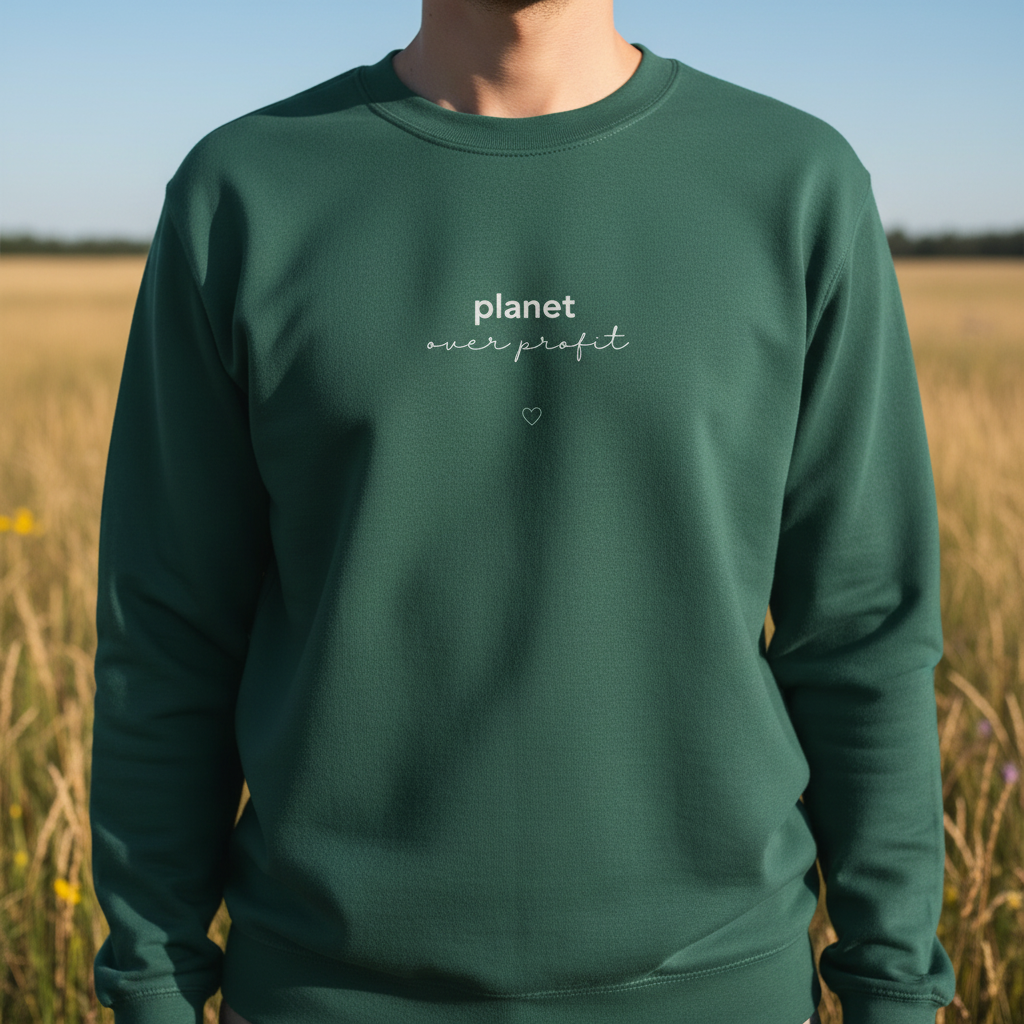 Bottle green crewneck sweatshirt with 'planet over profit' text and heart