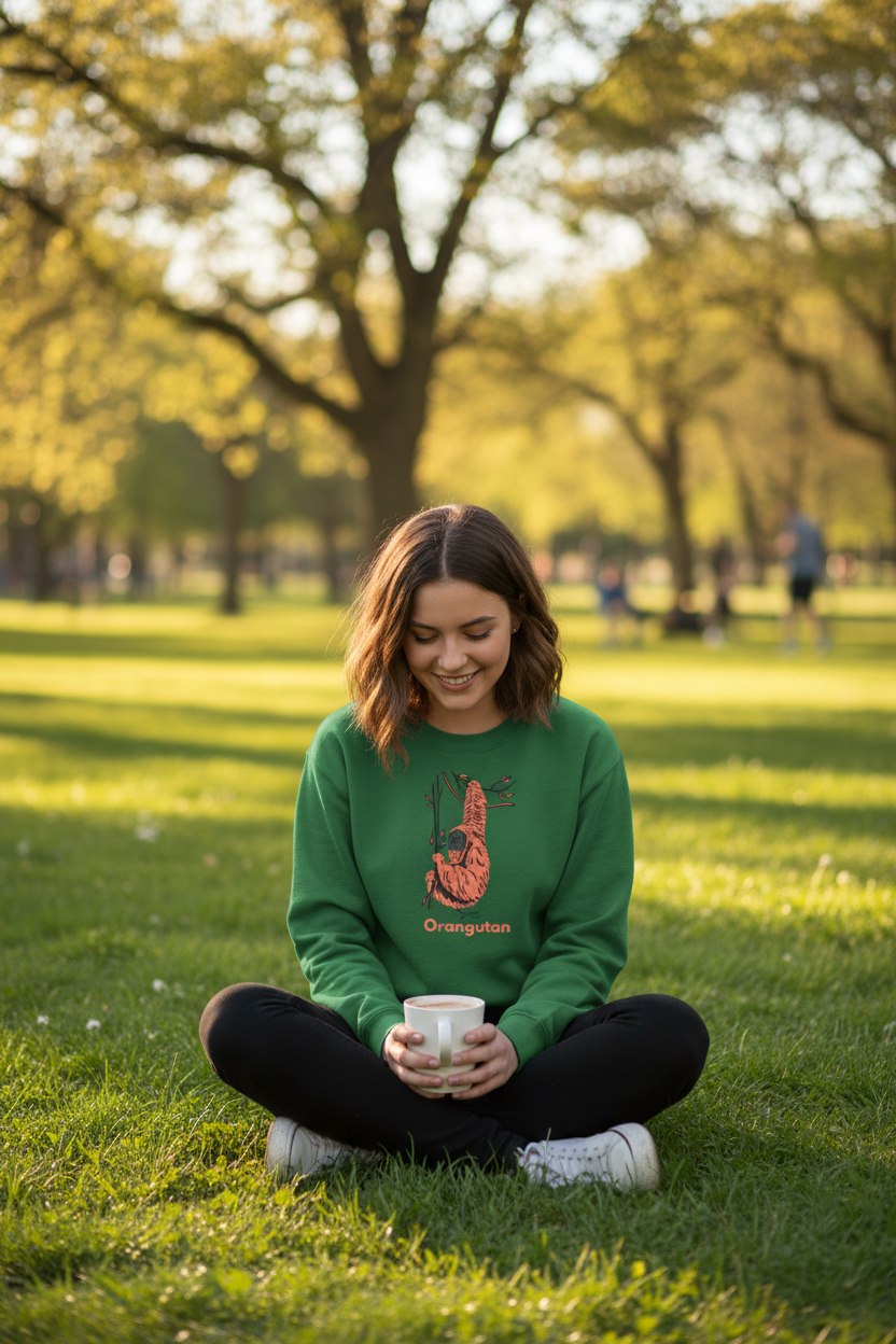 Forest green crew sweatshirt worn outdoors, with orange orangutan chest graphic