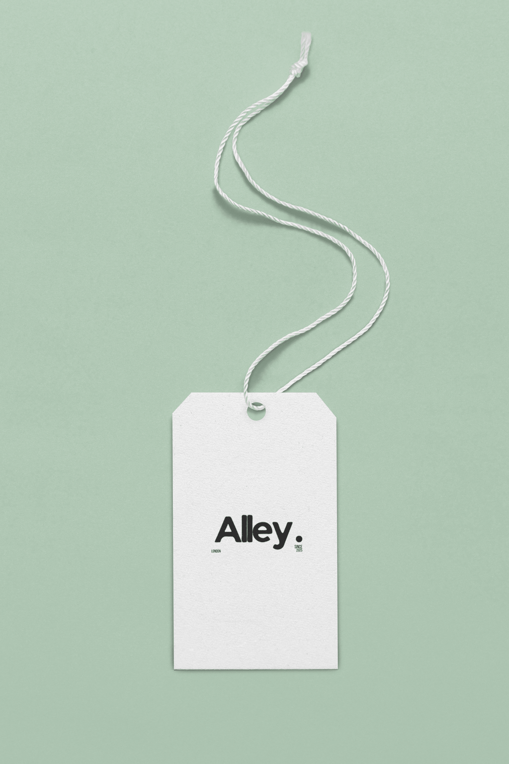 White T-shirt hang tag with black 'Alley.' text and hanging string