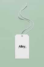 White T-shirt hang tag with black 'Alley.' text and hanging string