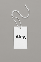T-shirt hang tag with string and text: “Alley.”