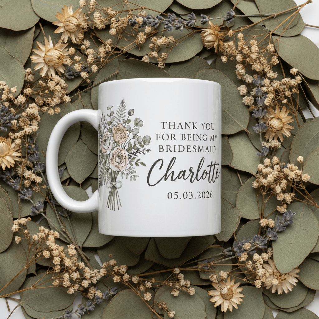 Bridesmaid thank you mug, white with floral Charlotte and date 05.03.2026