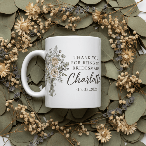 Bridesmaid thank you mug, white with floral Charlotte and date 05.03.2026