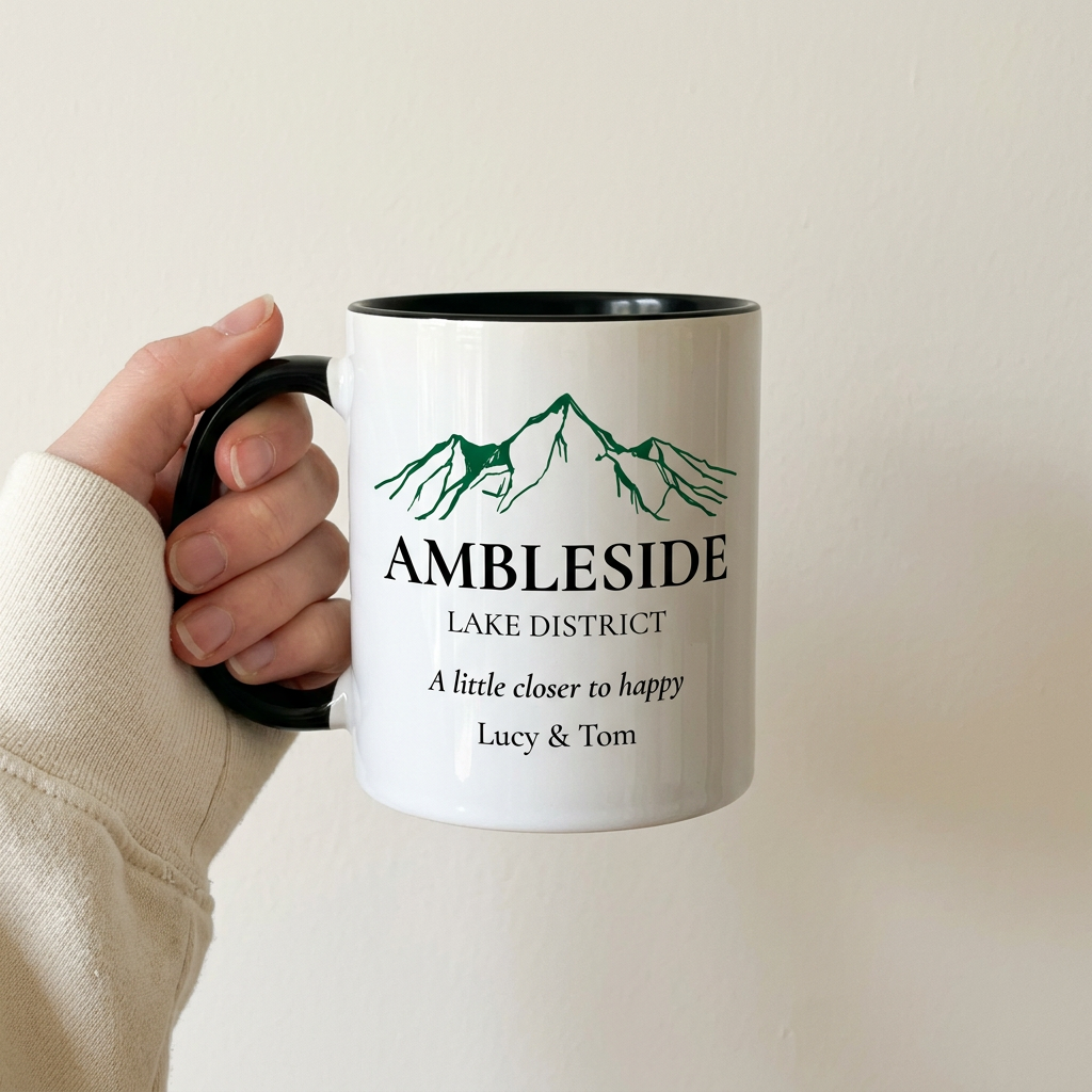 Bright handheld Ambleside mug with A little closer to happy and Lucy & Tom