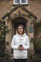 White yoga duck pose hoodie with duck graphic and front pocket