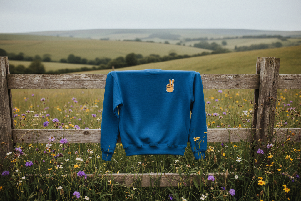 Royal blue sweatshirt with peace sign hand embroidery, hanging on a wooden fence