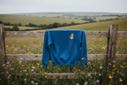 Royal blue sweatshirt with peace sign hand embroidery, hanging on a wooden fence
