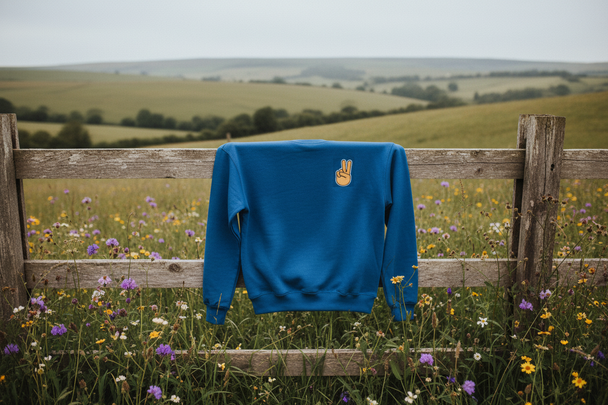 Royal blue sweatshirt with peace sign hand embroidery, hanging on a wooden fence