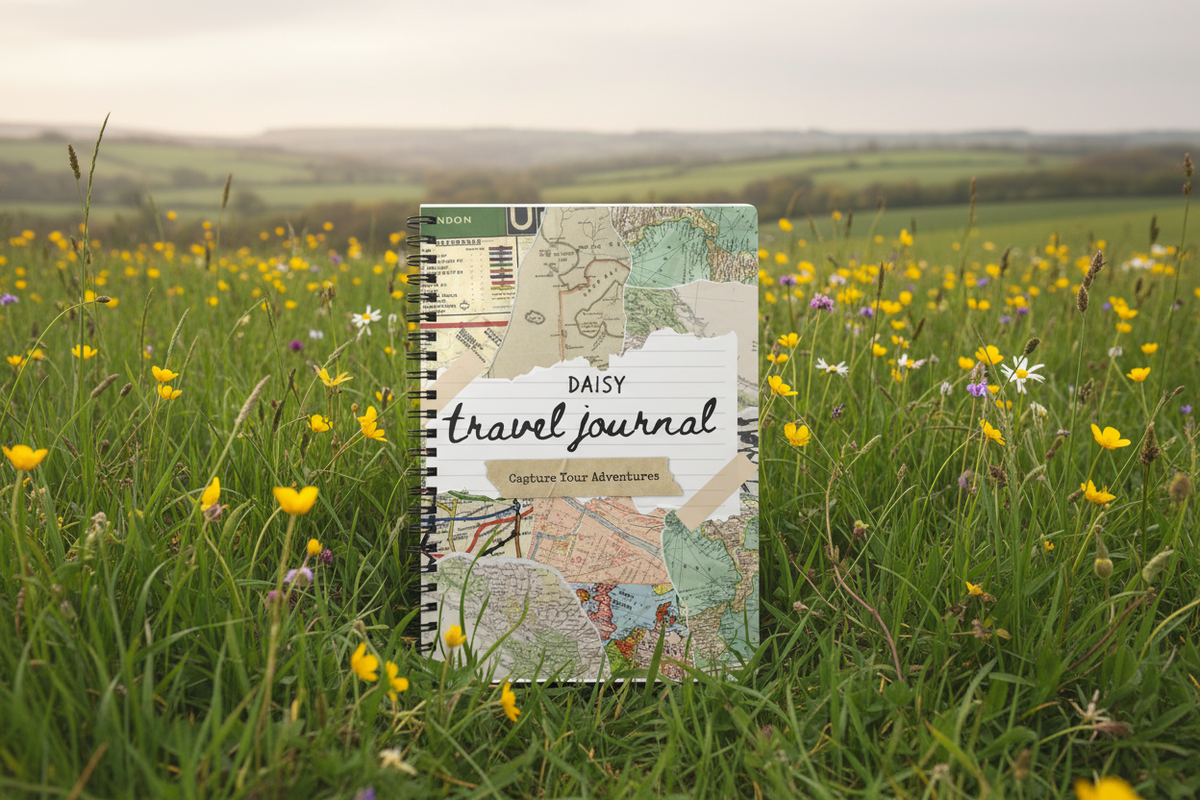 British countryside mockup of the Rosie travel journal in a meadow