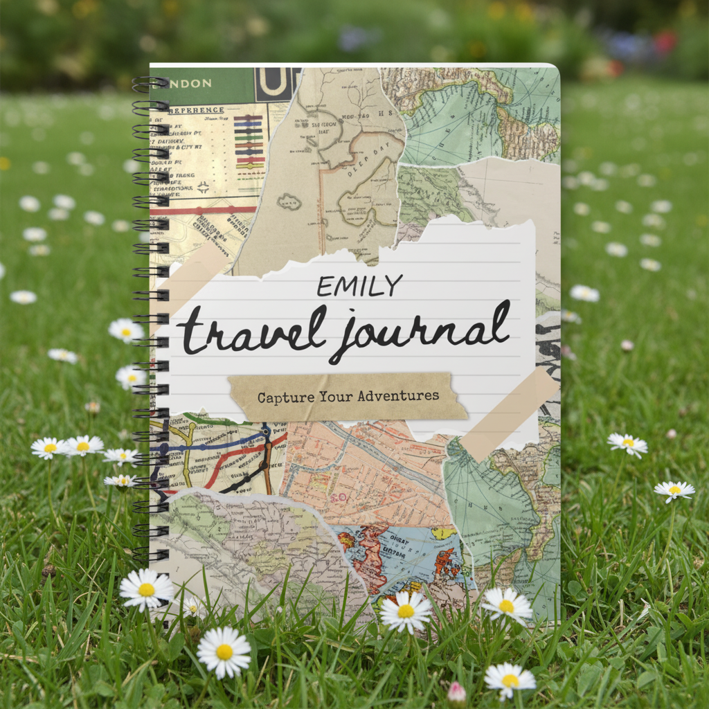 British garden mockup of the Emily travel journal on grass
