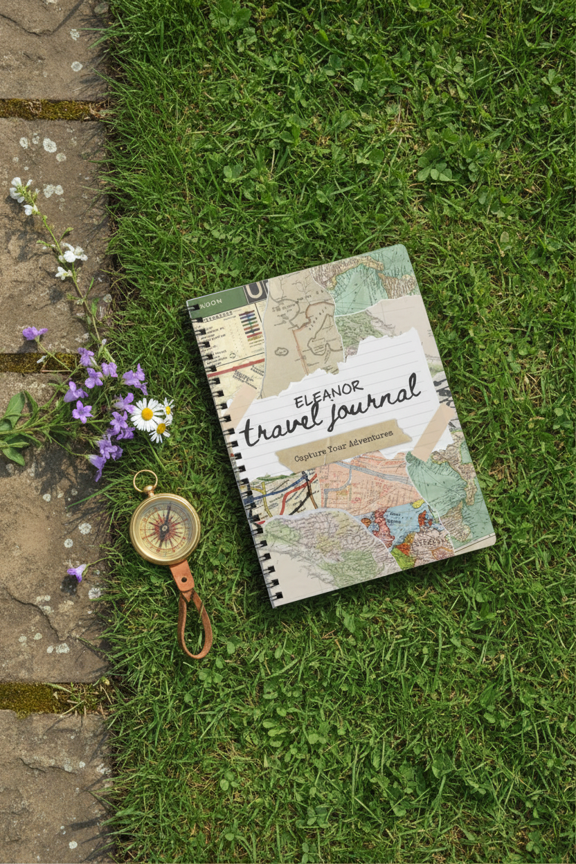 British garden mockup of the Harriet travel journal beside a stone path
