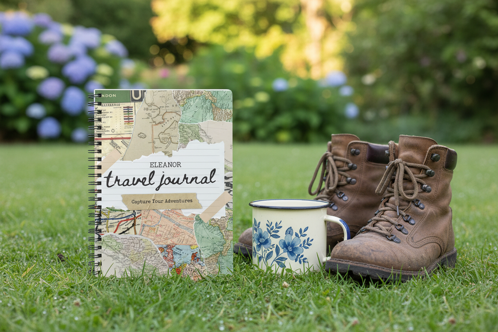 British garden mockup of the James travel journal with boots and a mug