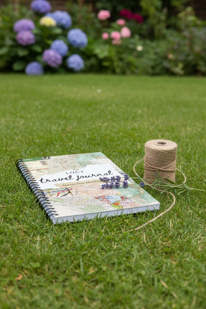 British garden mockup of the Lucy travel journal on grass with lavender