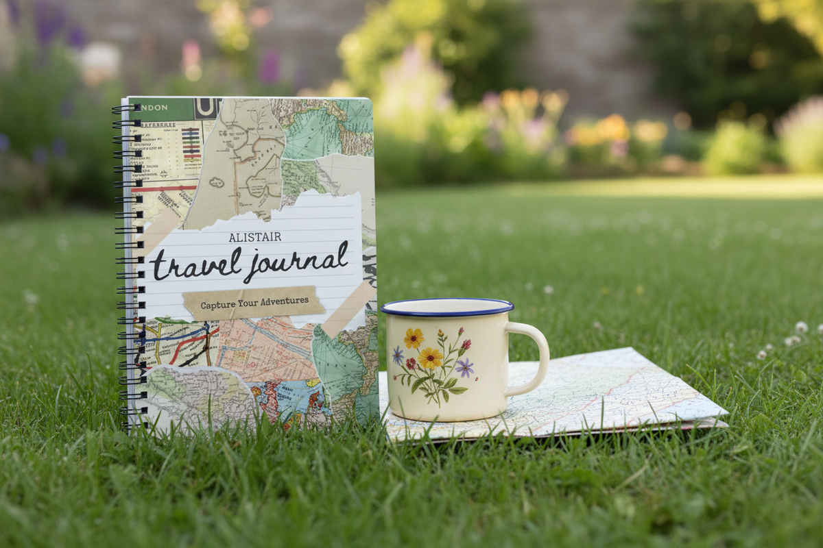 British garden mockup of the Thomas travel journal open on grass with a mug
