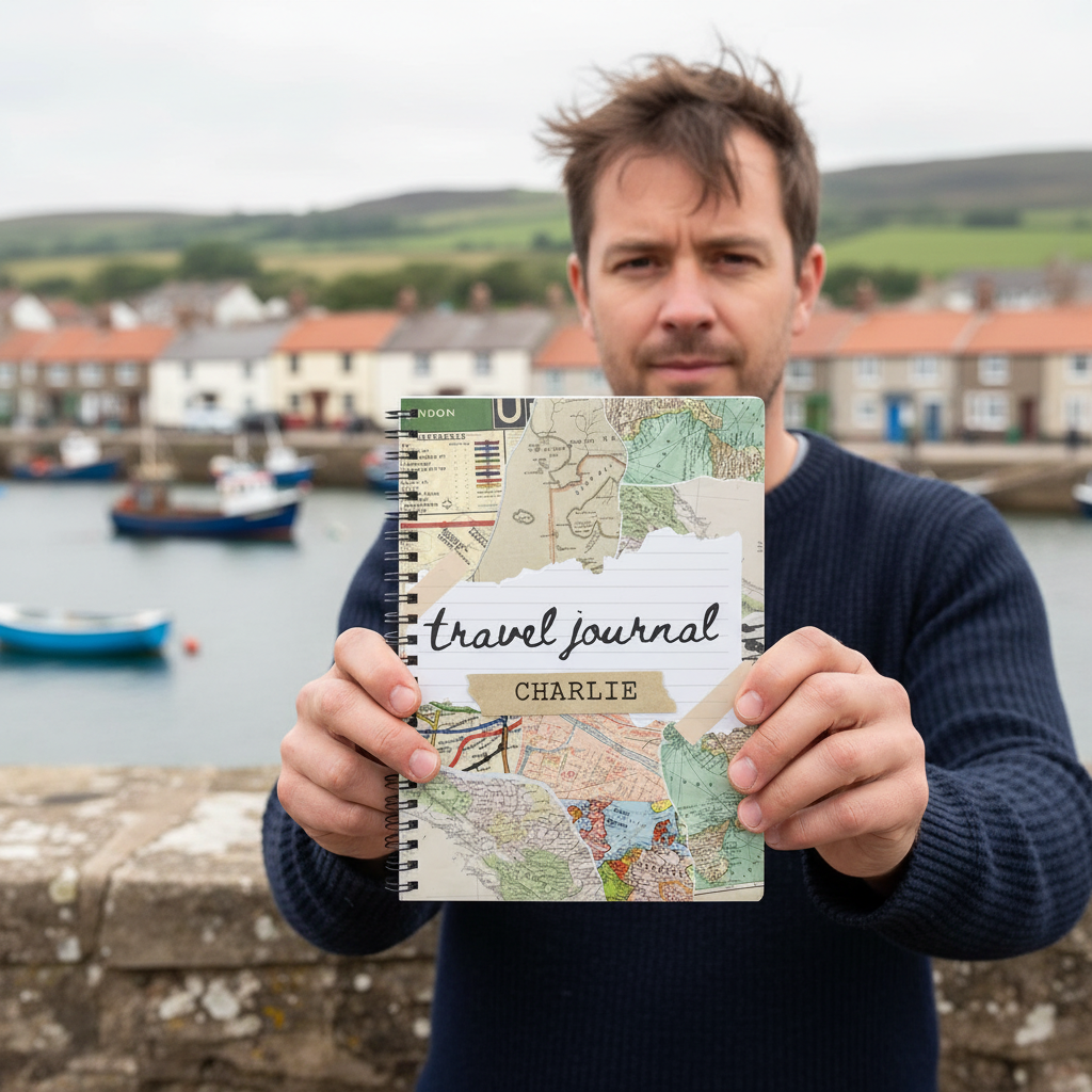 British UGC mockup of the Oliver travel journal at a fishing harbour
