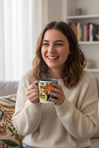 Ceramic tea mug with flaming cat graphic, held near face