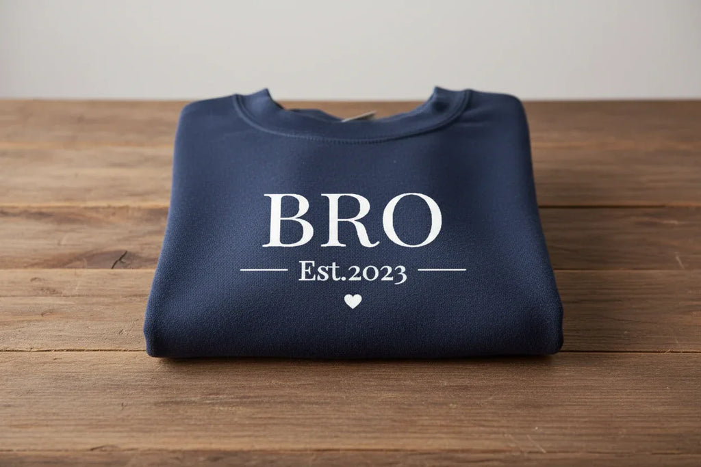 Dark blue sweatshirt with BRO and Est.2023 text, crew neck