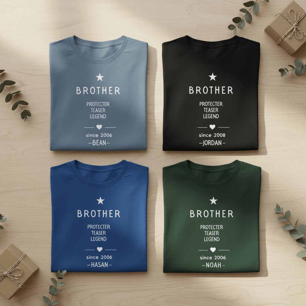 Set of four folded crew-neck t-shirts: light blue, black, navy, and forest green with 'BROTHER'