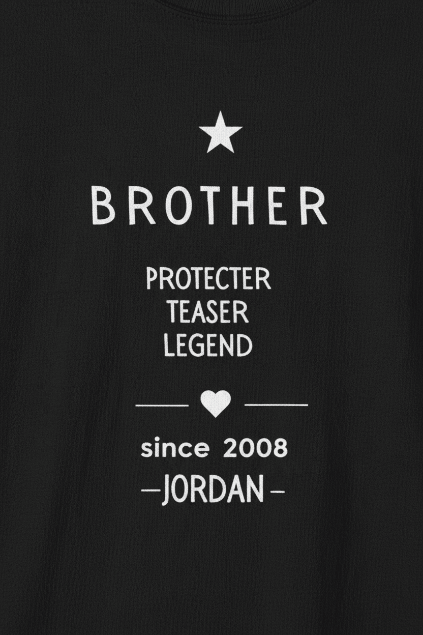 Black T-shirt close-up with white "BROTHER" print and personalized name JORDAN