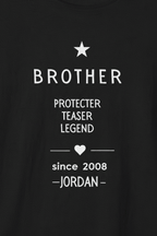 Black T-shirt close-up with white "BROTHER" print and personalized name JORDAN