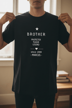 Black T-shirt with white "BROTHER" print and personalized name MARCUS
