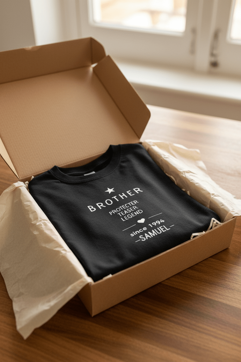 Black T-shirt in box with white "BROTHER" print and personalized name SAMUEL