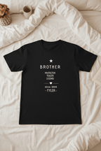 Black T-shirt with white "BROTHER" logo and personalized name TYLER