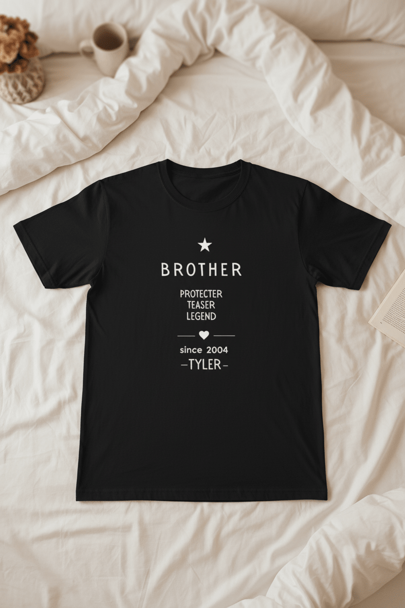 Black T-shirt with white "BROTHER" logo and personalized name TYLER