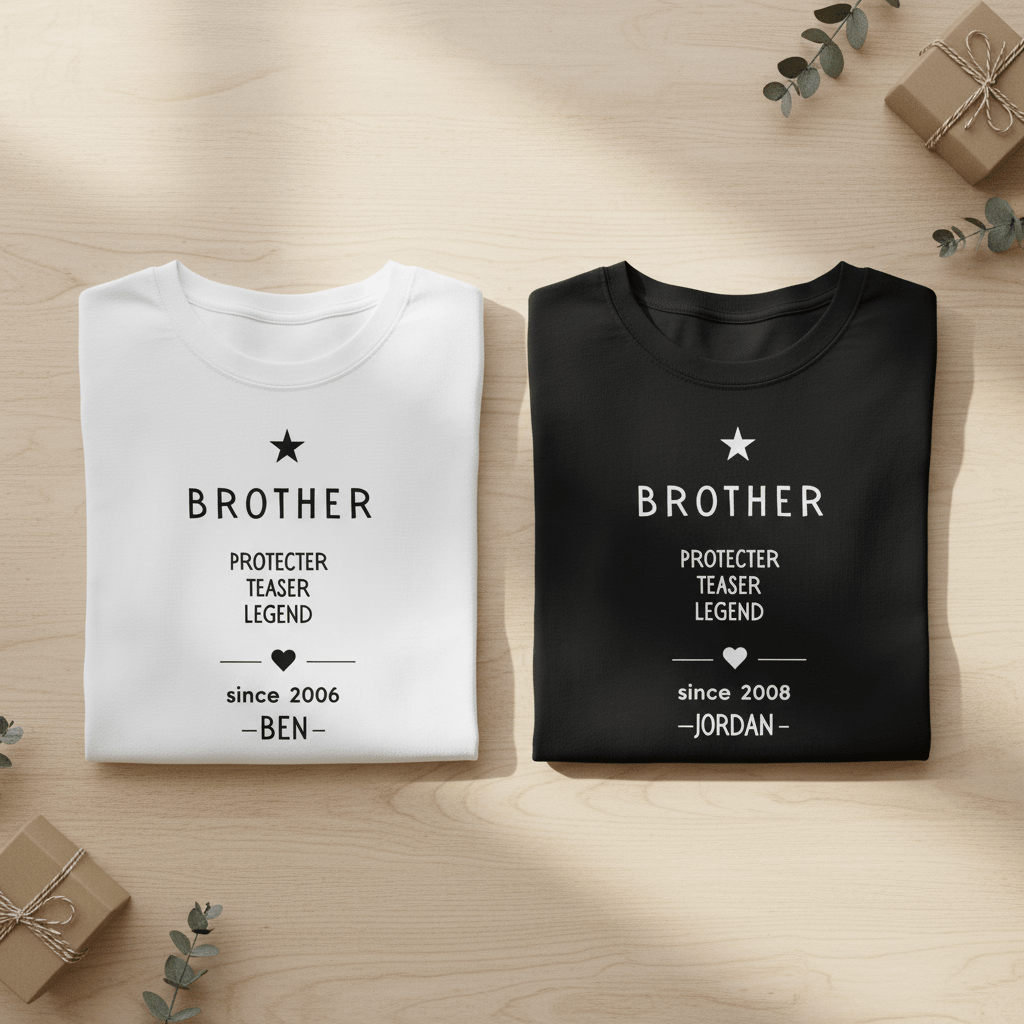 Set of personalized Brother T-shirts: white and black, 'Protector Teaser Legend' text