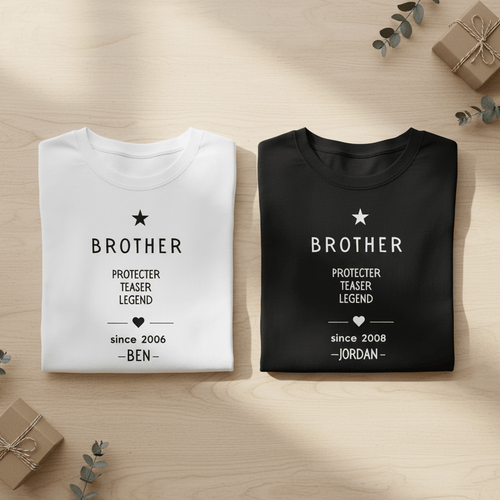 Set of personalized Brother T-shirts: white and black, 'Protector Teaser Legend' text