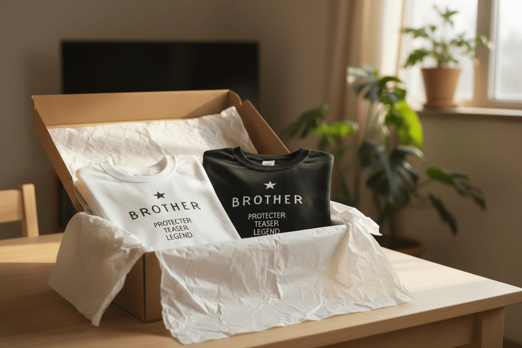 Personalized Brother T-shirts in box: white and black with 'Protector Teaser Legend' design