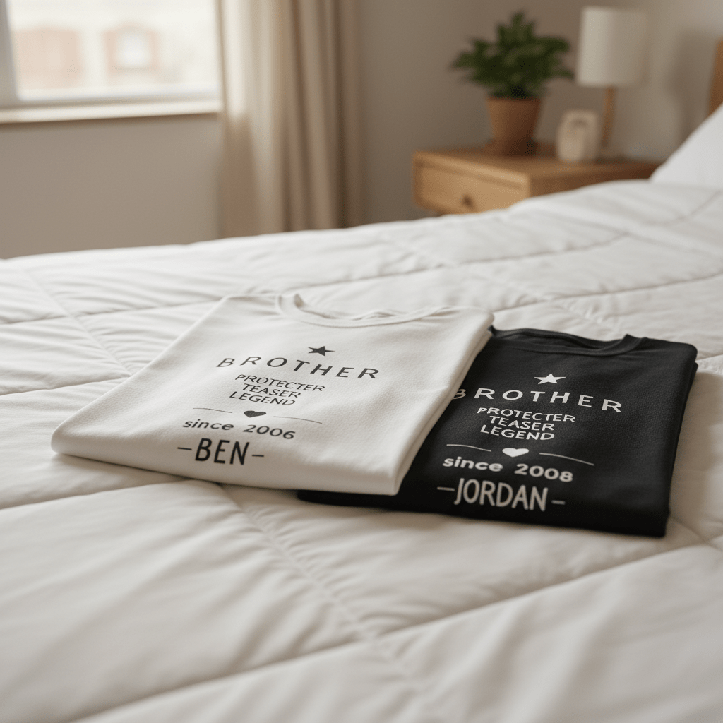 Personalized Brother T-shirts in white and black, folded on bed with 'Protector Teaser Legend'