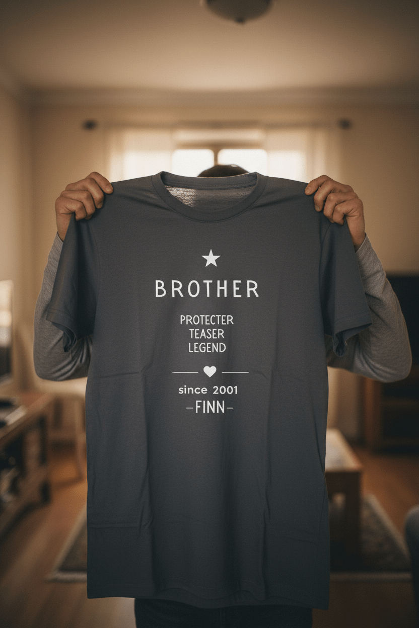 Slate blue T-shirt with white "BROTHER" logo and personalized name FINN