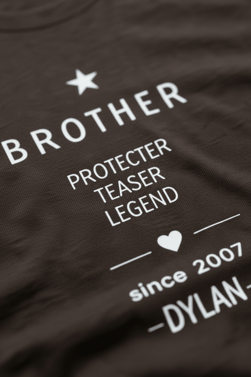 Close-up personalized dark Brother T-shirt with 'Protector Teaser Legend' and DYLAN since 2007