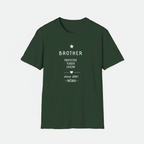 Dark green T-shirt with "BROTHER" emblem and personalized name NOAH in white