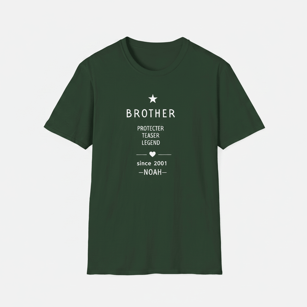 Dark green T-shirt with "BROTHER" emblem and personalized name NOAH in white