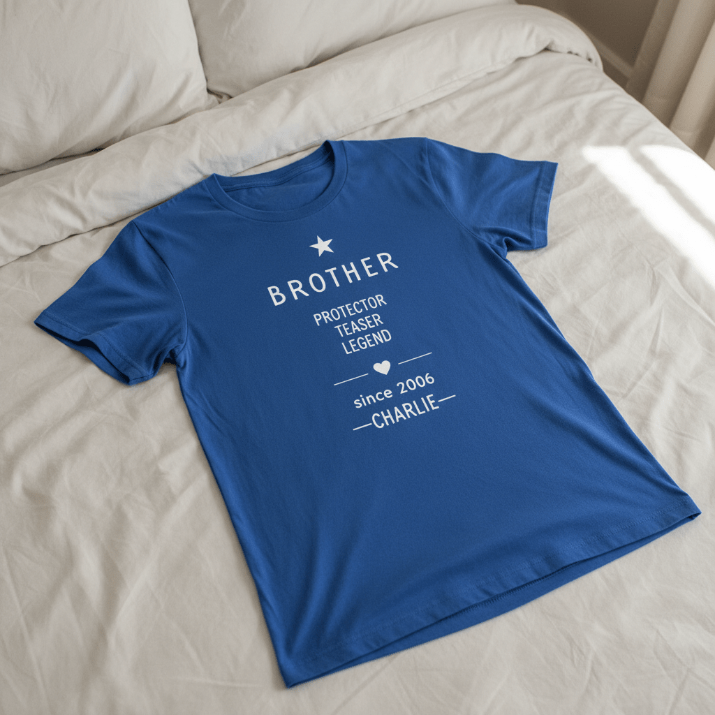 Blue T-shirt with white "BROTHER" logo and personalized name CHARLIE