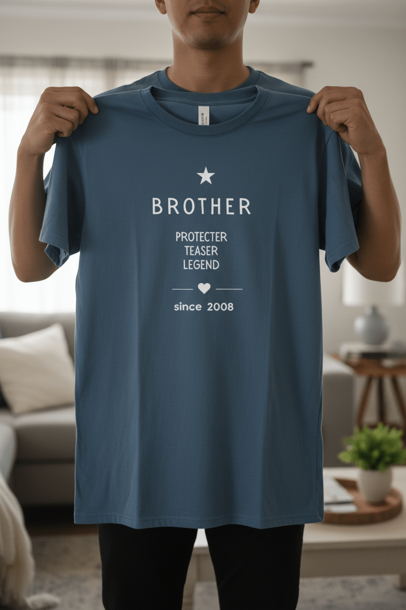 Personalized blue Brother T-shirt held by model, 'Protector Teaser Legend' with HASAN since 2008