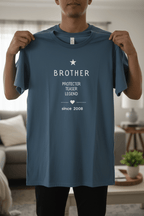 Personalized blue Brother T-shirt held by model, 'Protector Teaser Legend' with HASAN since 2008